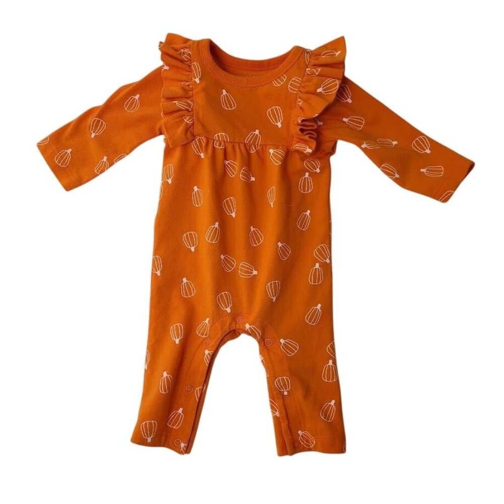 Cat & Jack Baby NB Pumpkin Print Long Sleeve Ruffle Romper Orange